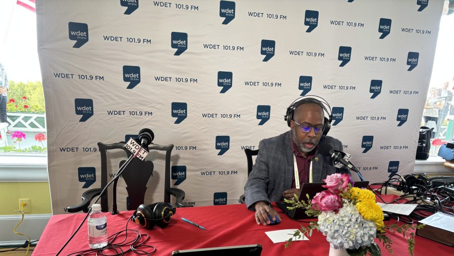 Jerome Vaughn broadcasting from Mackinac Island's The Grand Hotel