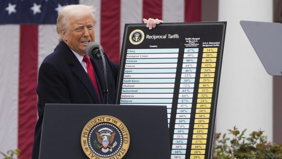 FILE - President Donald Trump speaks during an event to announce new tariffs in the Rose Garden at the White House on April 2, 2025, in Washington.