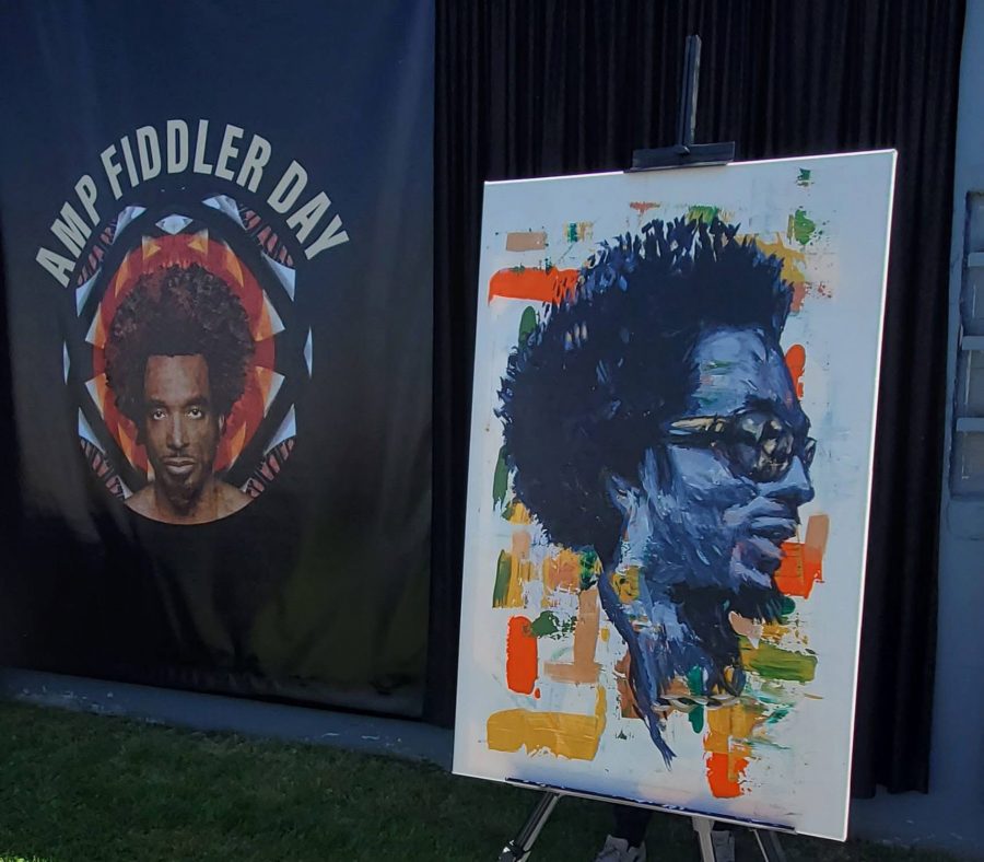 A painting by local artist J.R. Strozier is displayed during the Amp Fiddler Day celebration on Friday, May 16, 2025.