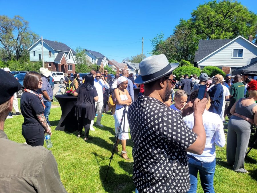 Community members gather to celebrate the renaming of Revere Street in Detroit to Amp Fiddler Avenue, May 16, 2025.