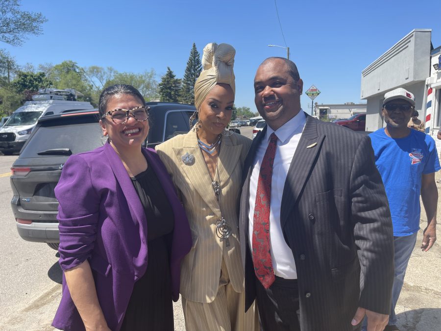 Congresswoman Rashida Tlaib (from left, Amp Fiddler's widow Tombi Stewart Fiddler, and Detroit Councilmember Coleman A. Young II at the Amp Fiddler Avenue unveiling, May 16, 2025.