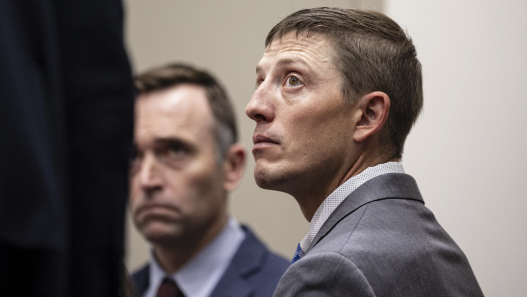 Former GRPD officer Christopher Schurr appears at the Kent County Courthouse in Grand Rapids, Mich., Thursday, May 8, 2025.