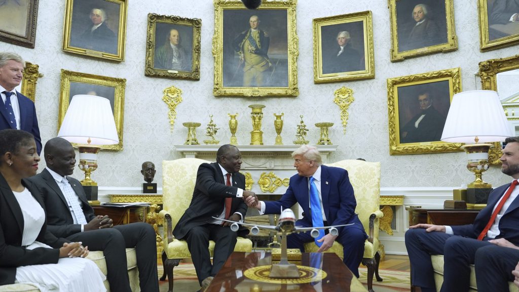 President Donald Trump meets South African President Cyril Ramaphosa in the Oval Office of the White House, Wednesday, May 21, 2025, in Washington.