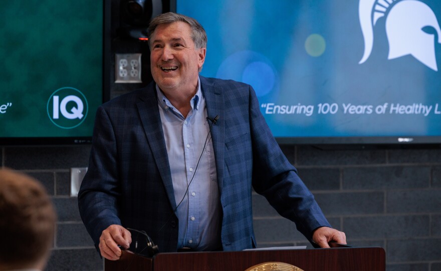 Institute for Quantitative Health Science and Engineering Director Christopher Contag speaks to reporters after U.S. Sen. Gary Peters toured the labs at Michigan State University in East Lansing, May 16, 2025.