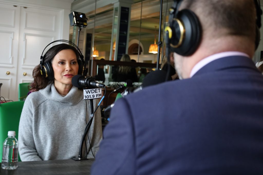 Michigan Gov. Gretchen Whitmer speaks with WDET's Russ McNamara at the 2025 Mackinac Policy Conference on Mackinac Island.