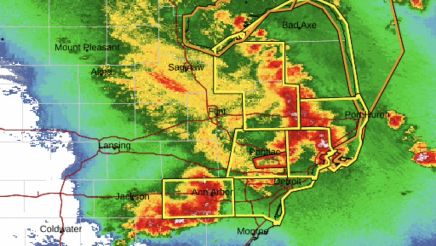 A radar snapshot from the National Weather Service shows a line of severe storms moving through the state.