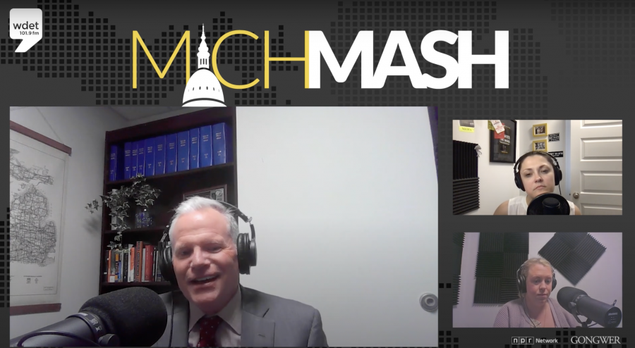 Former Michigan Attorney General Mike Cox appearing on "MichMash," alongside host Cheyna Roth and Gongwer's Alethia Kasben.