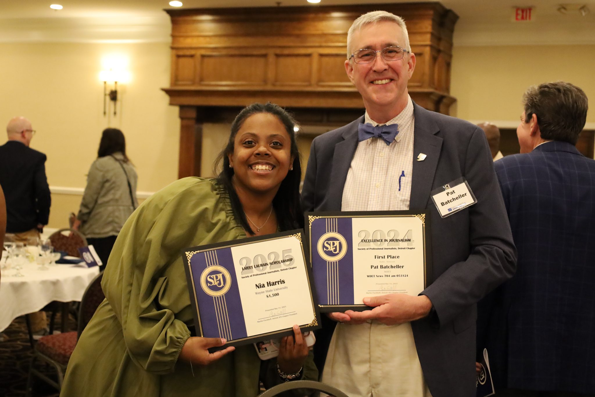 Former WDET intern Nia Harris poses with WDET Senior News Editor and Morning Edition Host, Pat Batcheller at the SPJ Detroit Chapter's 2024 Award Ceremony and Banquet, May 14, 2025.