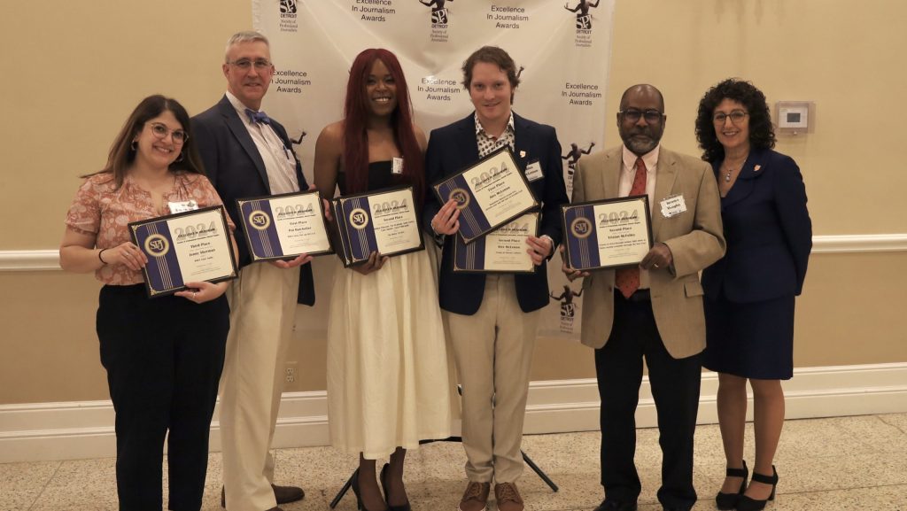 (From left) WDET's Jenny Sherman, Pat Batcheller, Tia Graham, Alex McLenon, Jerome Vaughn and Mary Zatina at the SPJ Detroit Chapter's 2024 Award Ceremony and Banquet, May 14, 2025.