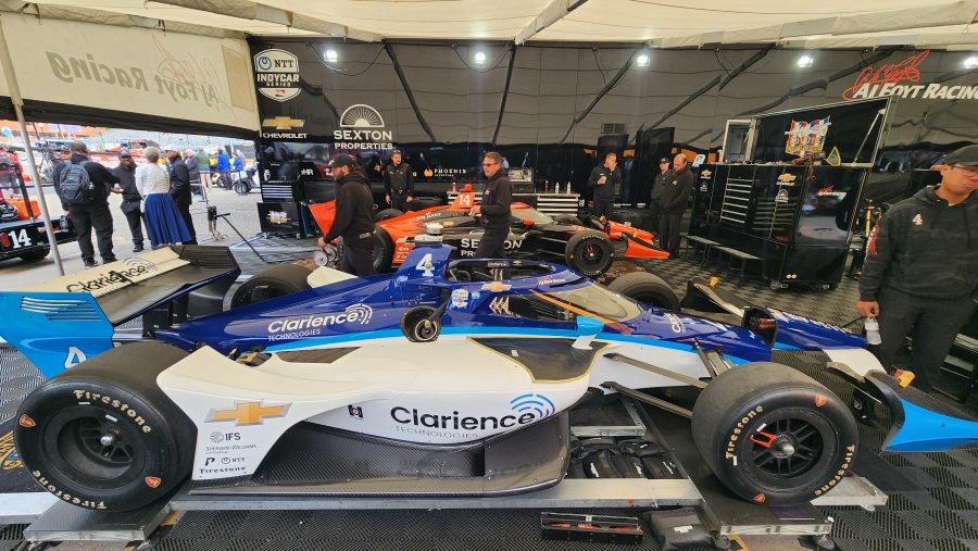 The AJ Foyt Racing cars of David Malukas (#4) and Santino Ferrucci (#14) are worked on in the team's garage at the Detroit Grand Prix.