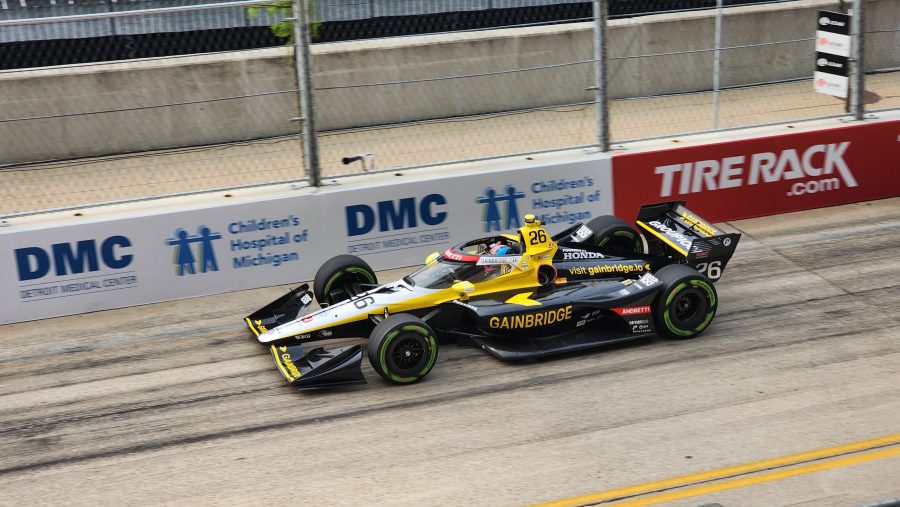Colton Herta, who qualified on pole for this year's race, races through the Detroit streets.