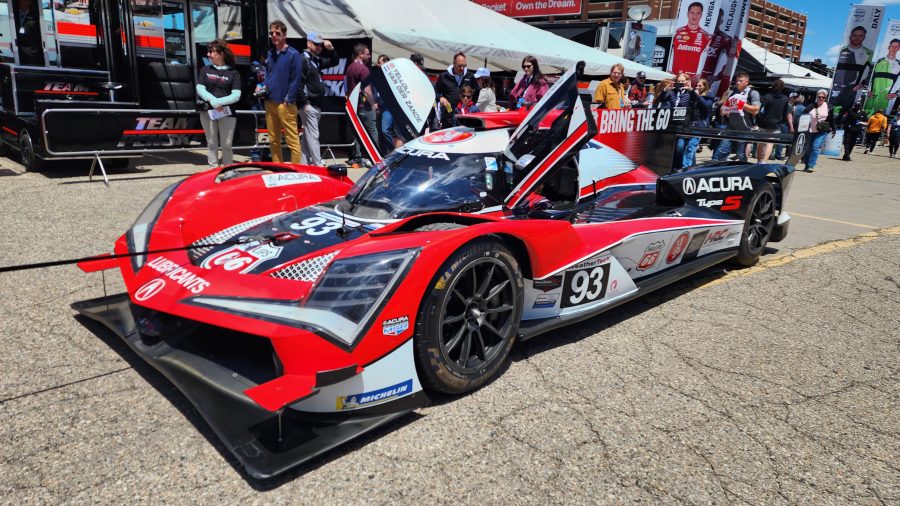 The #93 Michael Shank Racing Acura gets towed to the pits before going on track at the 2025 Detroit Grand Prix