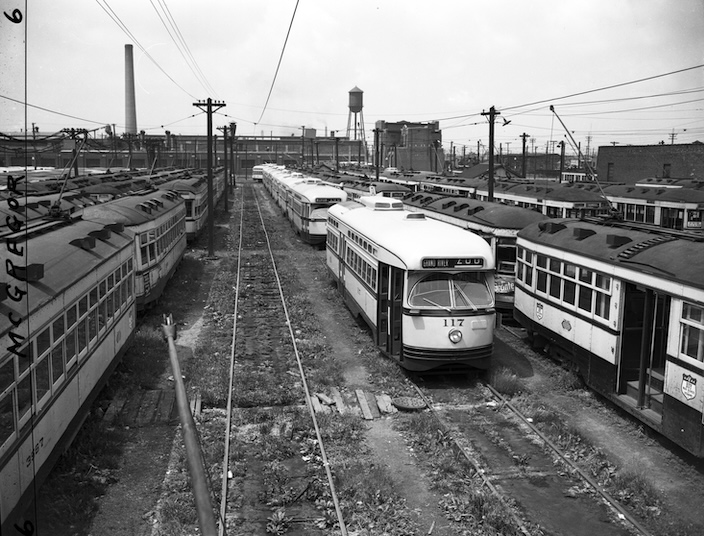 Streetcars sit on Woodward Avenue in Highland Park in the 1940s