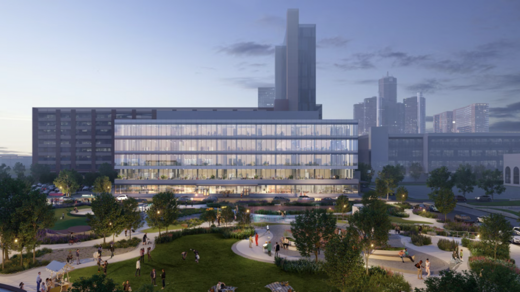 A rendering of Detroit's Gratiot Site, where BAMF Health will operate a molecular imaging clinic, molecular therapy clinic, and a commercial manufacturing radiopharmacy.