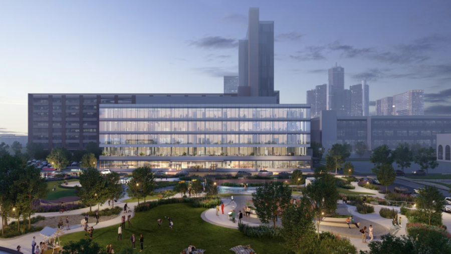 A rendering of Detroit's Gratiot Site, where BAMF Health will operate a molecular imaging clinic, molecular therapy clinic, and a commercial manufacturing radiopharmacy.