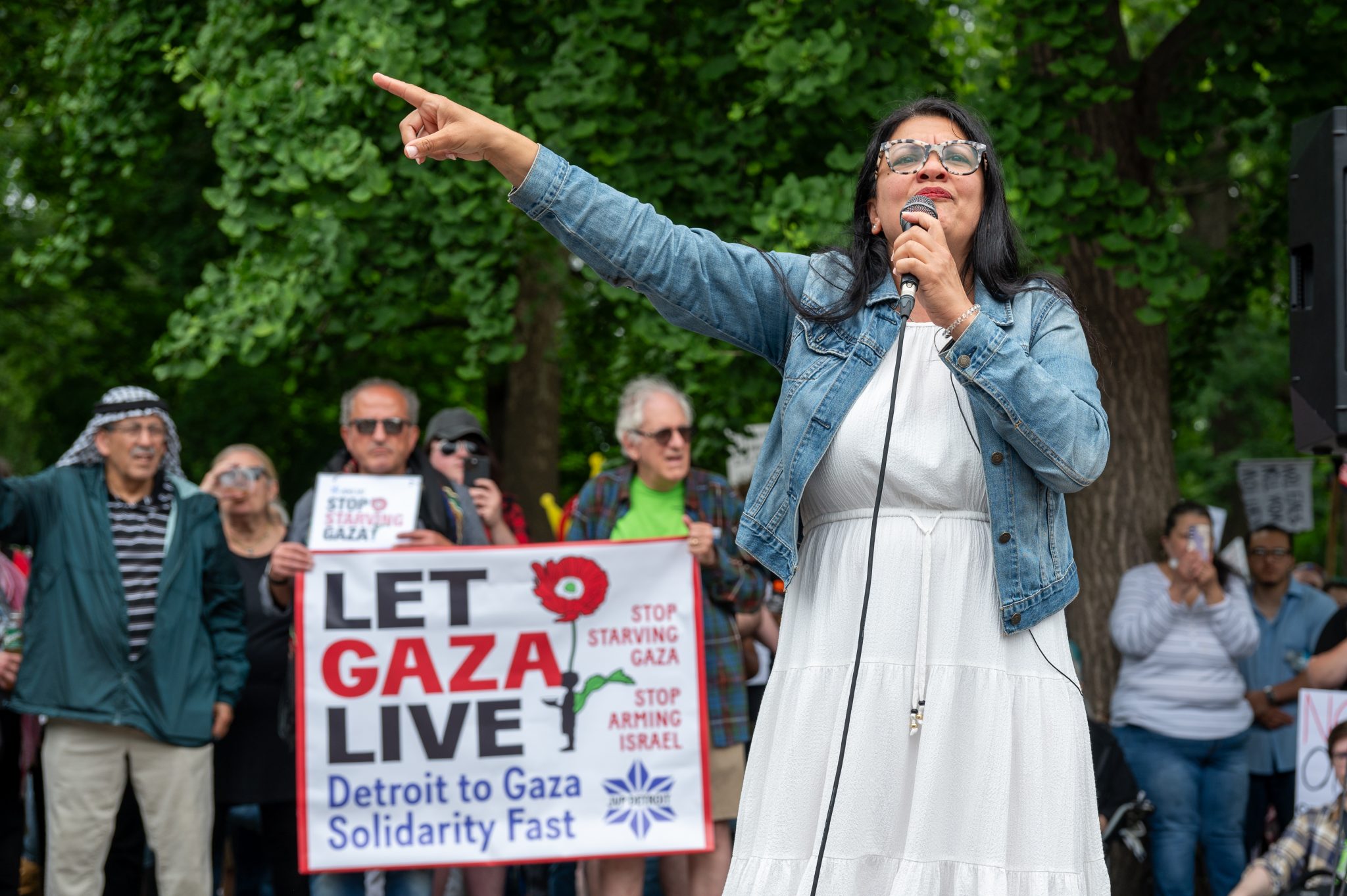 Congresswoman Rashida Tlaib speaks to the crowd in Detroit