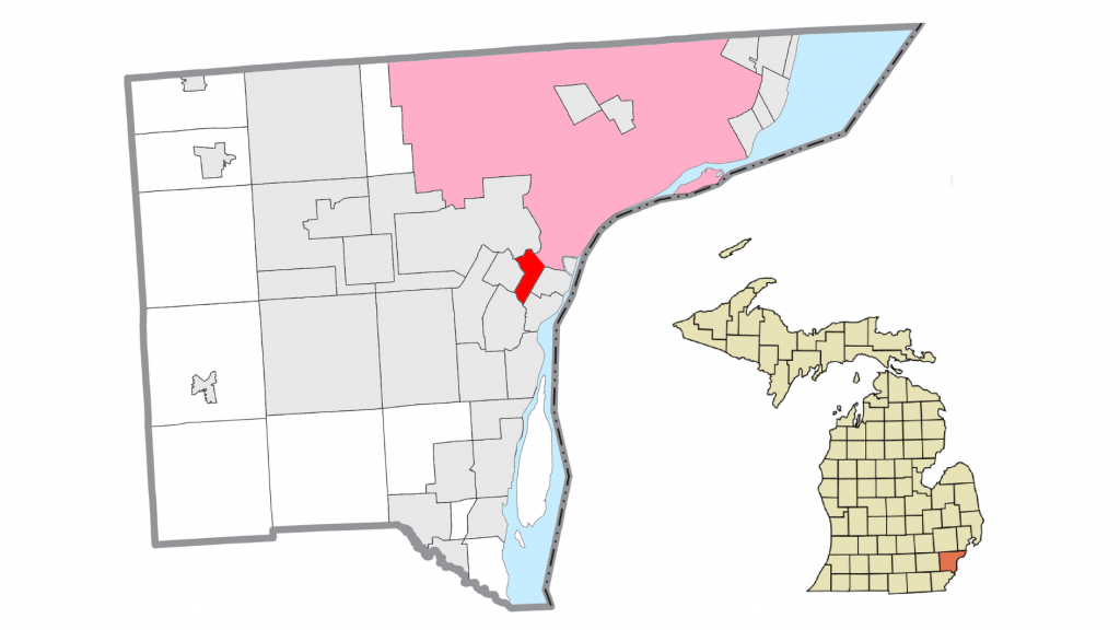 The "dogleg," highlighted in red, is comprised of Detroit's Boynton and Oakwood Heights neighborhoods. Detroit is highlighted in pink.
