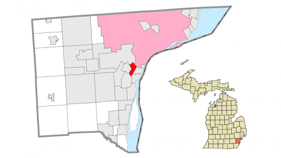 The "dogleg," highlighted in red, is comprised of Detroit's Boynton and Oakwood Heights neighborhoods. Detroit is highlighted in pink.