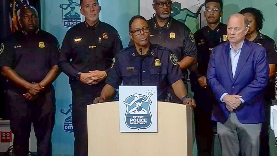 Detroit Police Chief Todd Bettison speaks at the podium during a news conference about the city's crackdown on juvenile violence, July 7, 2025.