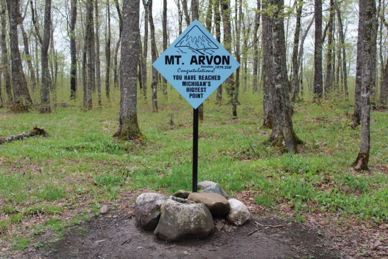 A sign in the woods denotes Michigan's highest point.