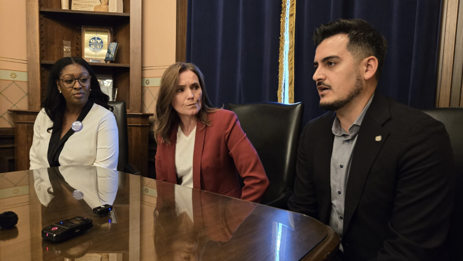 (From left) Michigan State Senators Sarah Anthony, Winnie Brinks and Darrin Camilleri meet to attempt passing the next Michigan State Budget.