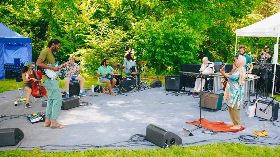 Musicians perform on a blanket in a park