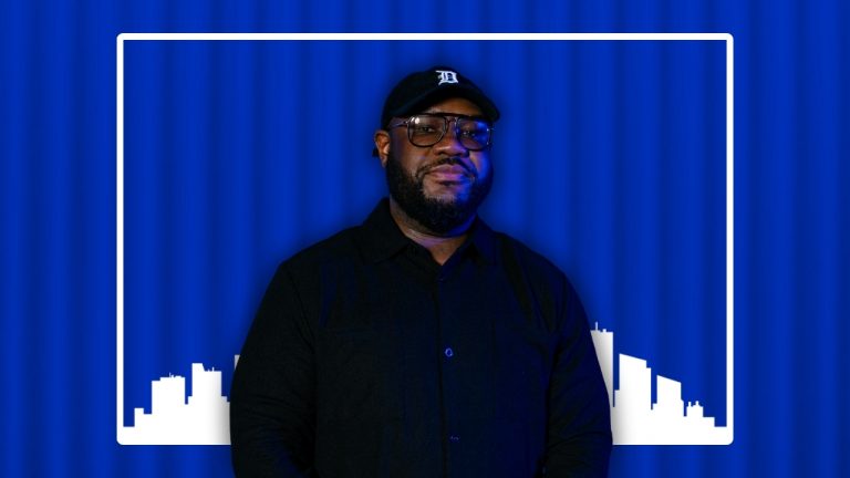 Headshot of Jermond Booze over a blue shipping container and a white illustration of the Detroit skyline