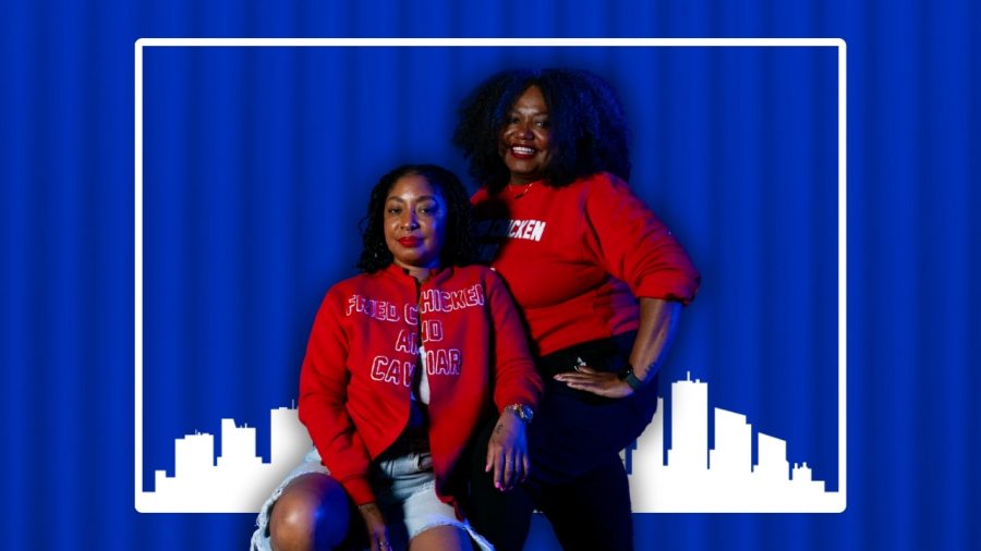 Photo of Nik Renee Cole and Chi Walker over a blue shipping container and a white illustration of the Detroit skyline