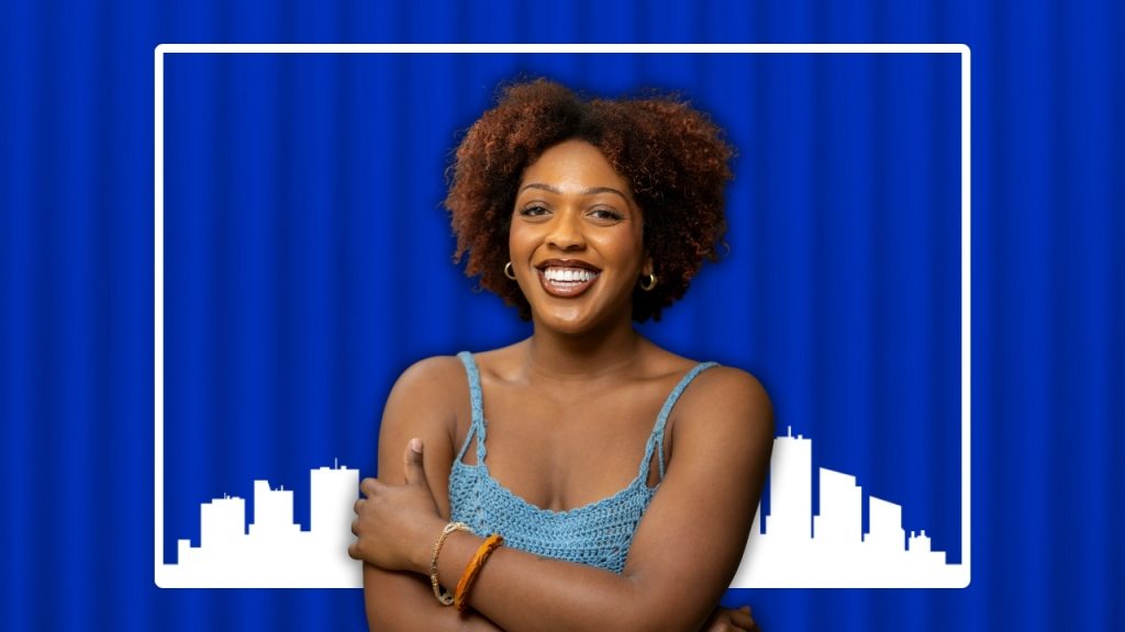 Headshot of La Cecille over a blue shipping container and a white illustration of the Detroit skyline