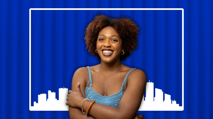 Headshot of La Cecille over a blue shipping container and a white illustration of the Detroit skyline