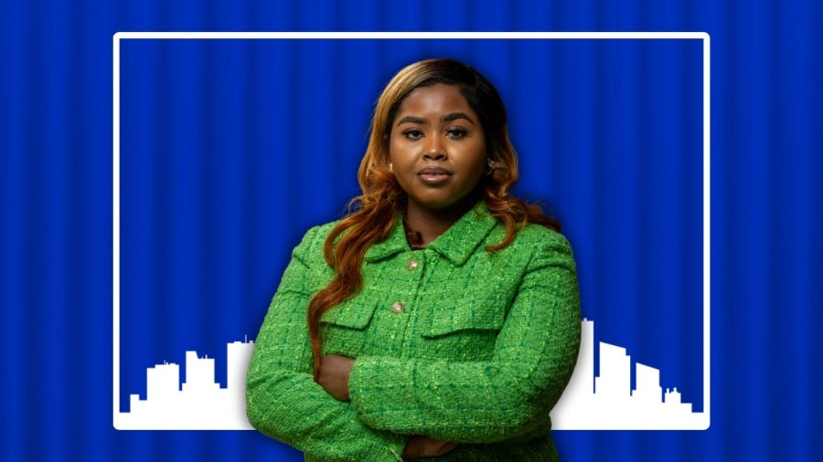Headshot of Taylor Childs over a blue shipping container and a white illustration of the Detroit skyline