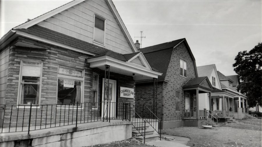 Black and white photo of the Chamberlain Bakery on Chamberlain Street in Detroit