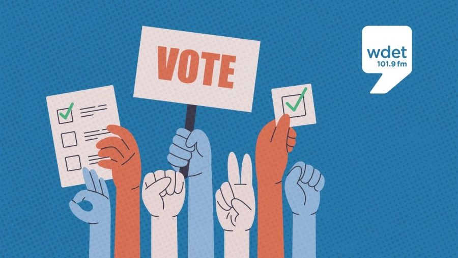 Cartoon hands holding signs that say "vote" with the WDET logo
