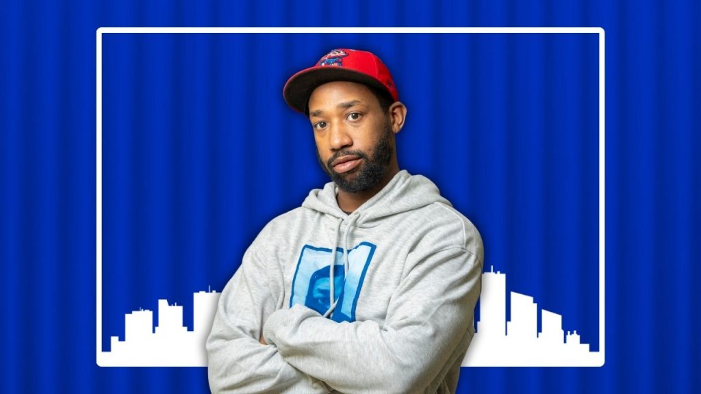 Headshot of Elonte Davis over a blue shipping container and a white illustration of the Detroit skyline