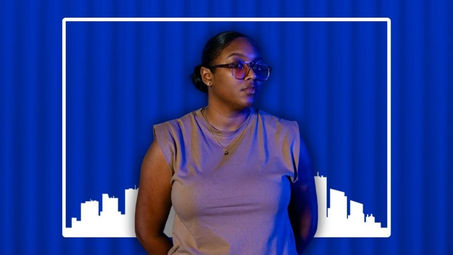 Headshot of Ijania Cortez over a blue shipping container and a white illustration of the Detroit skyline