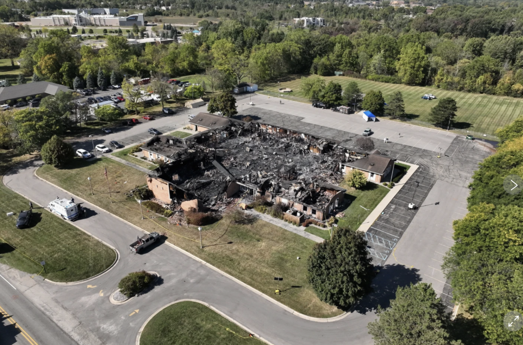 Aerial view of what remains of the church after the fire