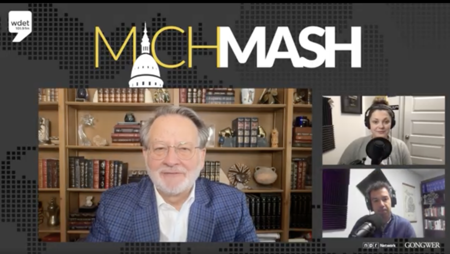 Senator Gary Peters shown in large box on the screen Chenya and Zach are in two smaller screens.