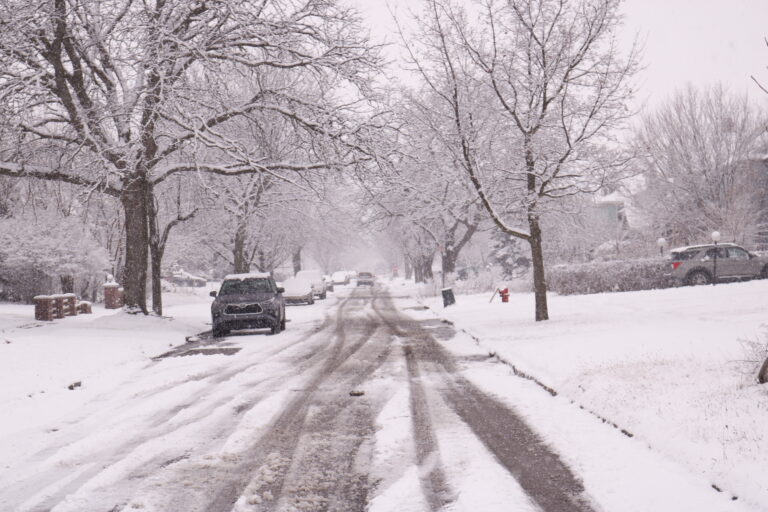 A snow covered residential street lined with trees.