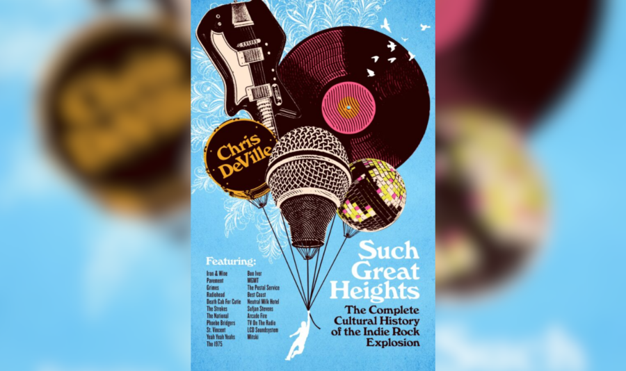 The cover of Such Great Heights shows a collage like image of a record, microphone and guitar like a bunch of balloons tied together.