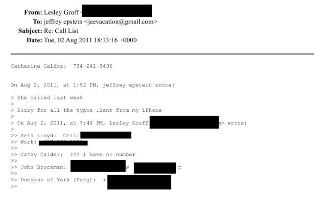 Heavily redacted string of messages including a Cathy Calder, the Duchess of York, and Jefferey Epstein from Aug. 12, 2011.