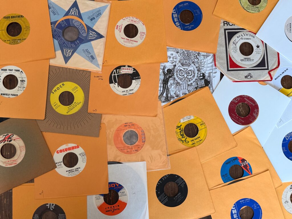 Vinyl records n various sleeves cover the entire surface.