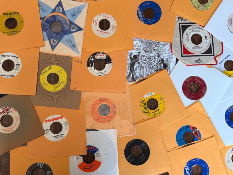 Vinyl records n various sleeves cover the entire surface.