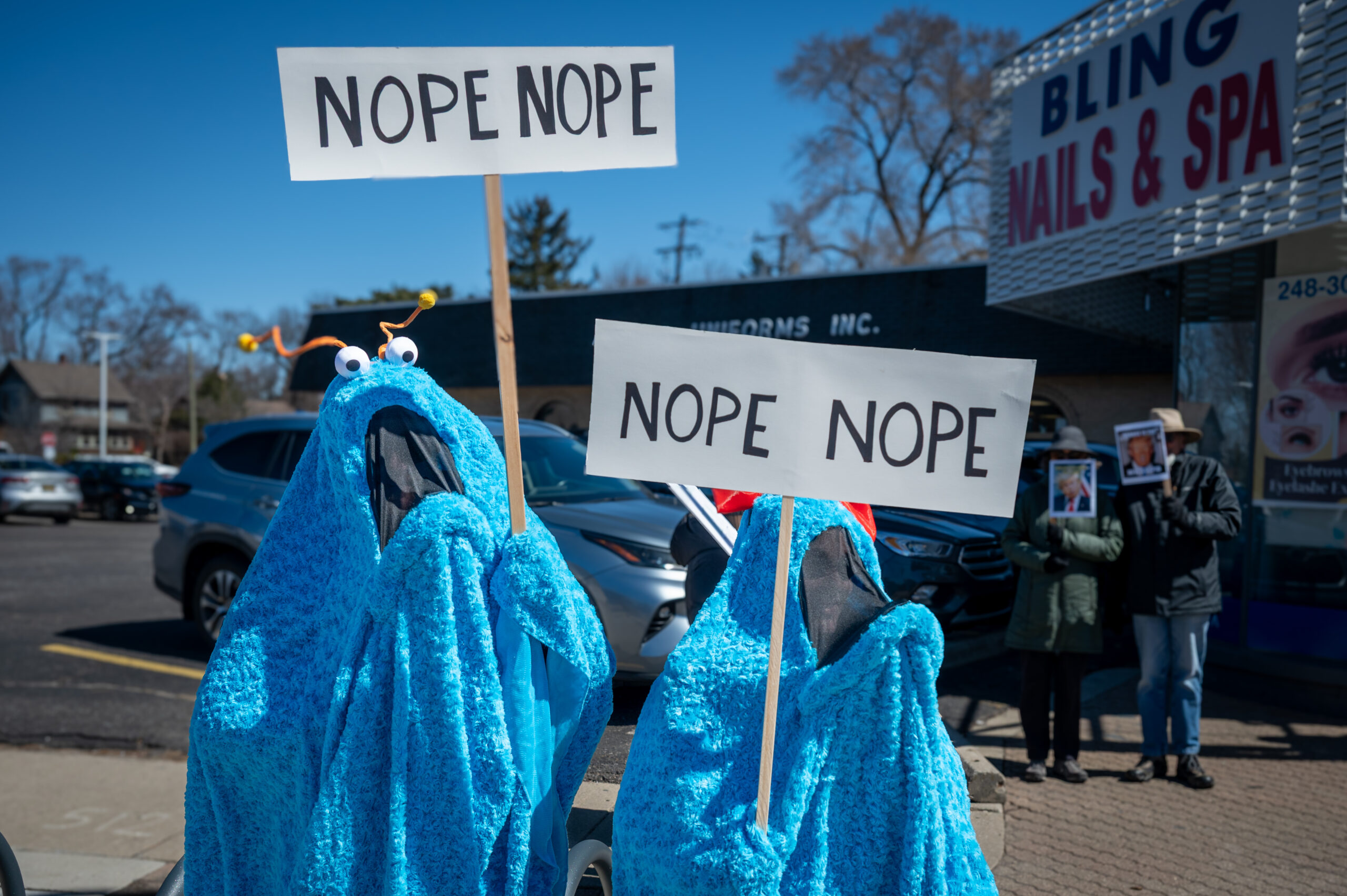 Yip Yip Martians of Sesame Street fame express their displeasure wit the Trump Administration during a 'No Kings' rally in Ferndale, MI on March 28, 2026.