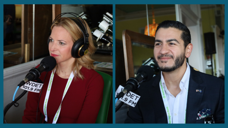 A split screen of Jocelyn Benson and Adbul El Sayed when they were at the Mackinac Policy Conference.