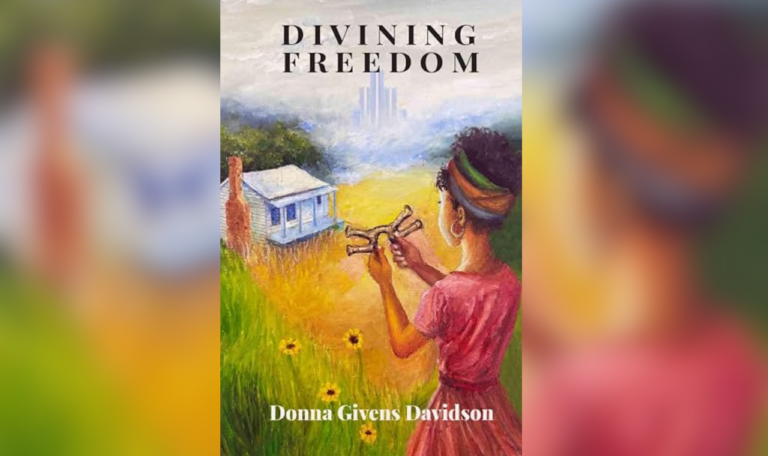A young Black girl walks towards a house holding what looks like a wooden divination tool.