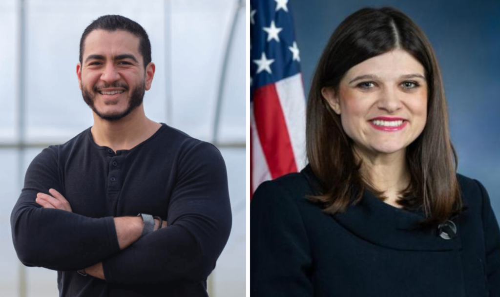 Abdul El-Sayed stands arms crossed in front of a gray sky. Haley Stevens sits posed in front of a professional photo backdrop with the American flag.