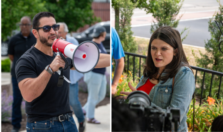 Abdul El-Sayed speaks into a megaphone at a rally. Haley Stevens, in a separate photo, speaks to journalists outside in a park.