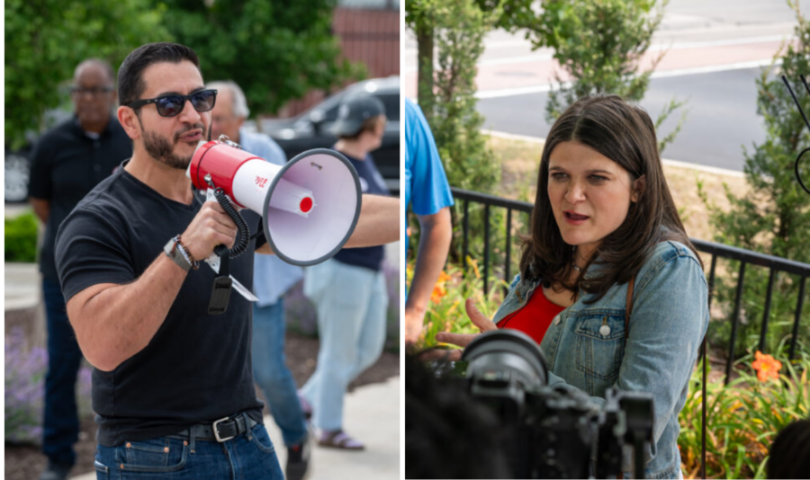 Abdul El-Sayed speaks into a megaphone at a rally. Haley Stevens, in a separate photo, speaks to journalists outside in a park.