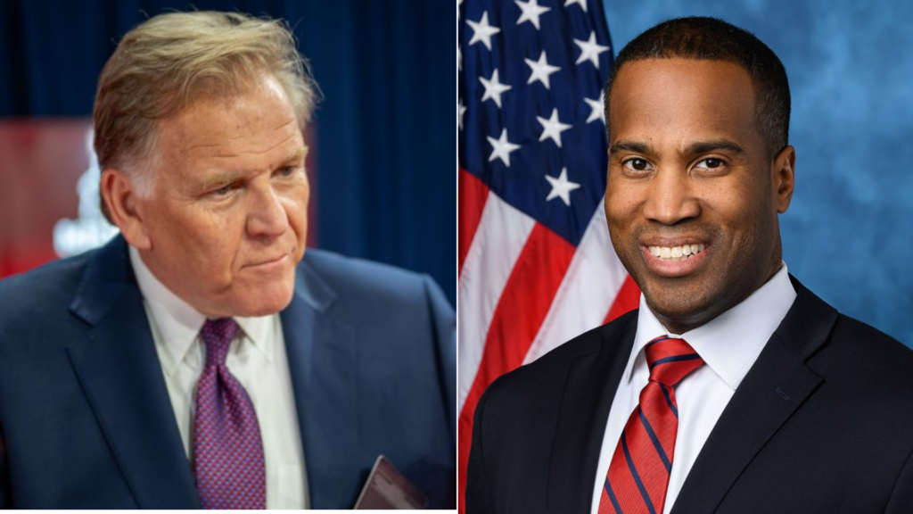 Mike Rogers on the left, picture of John James in front of the American flag on the right.