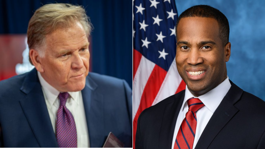 Mike Rogers on the left, picture of John James in front of the American flag on the right.